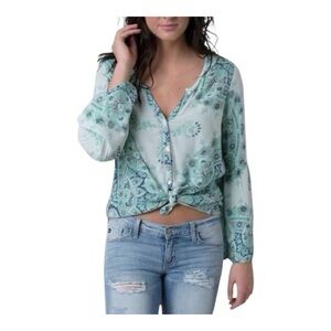 BILLABONG Womens Size Medium Silver Bloom Bell Sleeve Boho Button Front Shirt